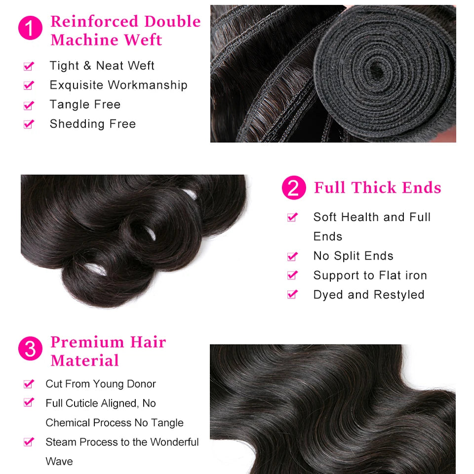 Body Wave Brazilian Human Hair Bundles for Women 100% Unprocessed Virgin Hair Weave Extensions Double Weft 1 3 4 Bundles Deal