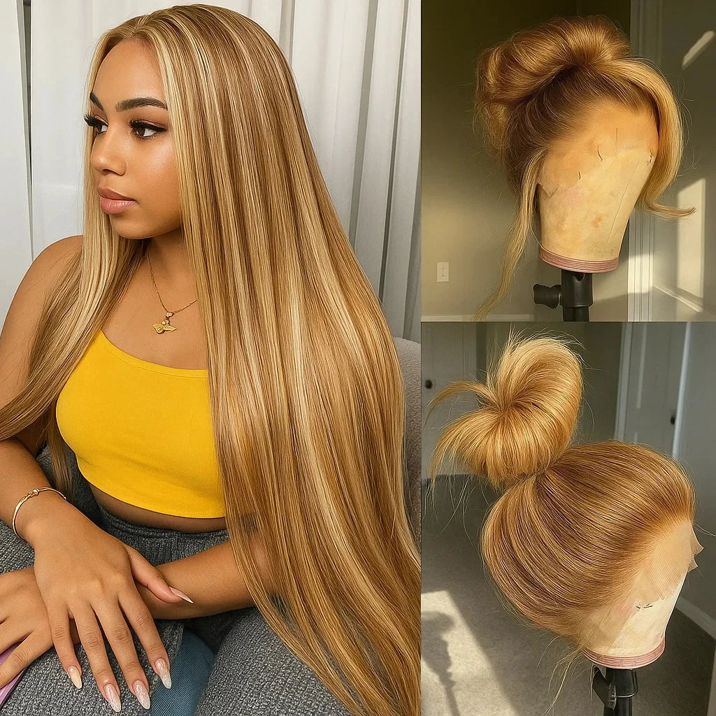 P4/27 Highlight Wig Bone Straight 13x4 HD Lace Frontal Brazilian Ombre Honey Blonde Hair