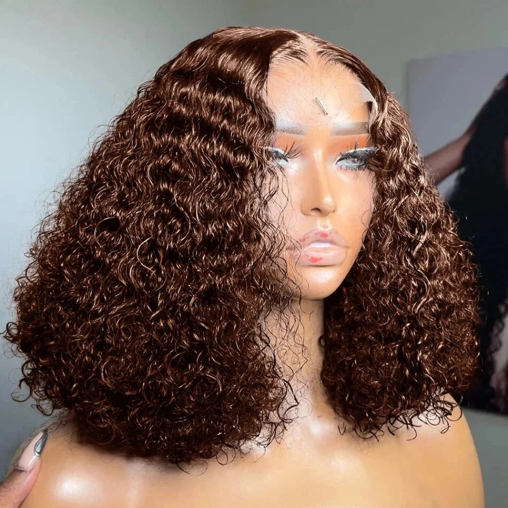 Brown bob Chocolate #4 Brown Curly Bob Wig for Women PrePlucked Kinky Deep Water Wave Bob Brazilian 13x4 Lace Frontal Human Hair Short Wig