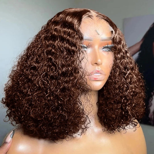 Brown bob Chocolate #4 Brown Curly Bob Wig for Women PrePlucked Kinky Deep Water Wave Bob Brazilian 13x4 Lace Frontal Human Hair Short Wig