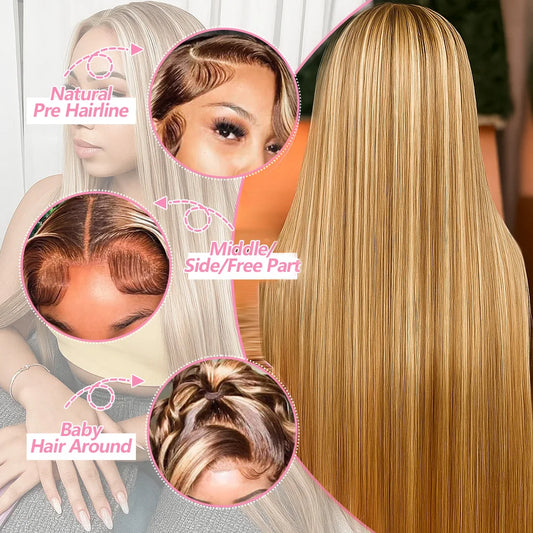 P4/27 Highlight Wig                            Bone Straight 13x4 HD Lace Frontal Brazilian Ombre Honey Blonde Hair