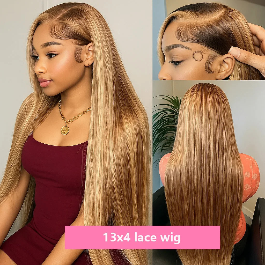 P4/27 Highlight Wig                            Bone Straight 13x4 HD Lace Frontal Brazilian Ombre Honey Blonde Hair