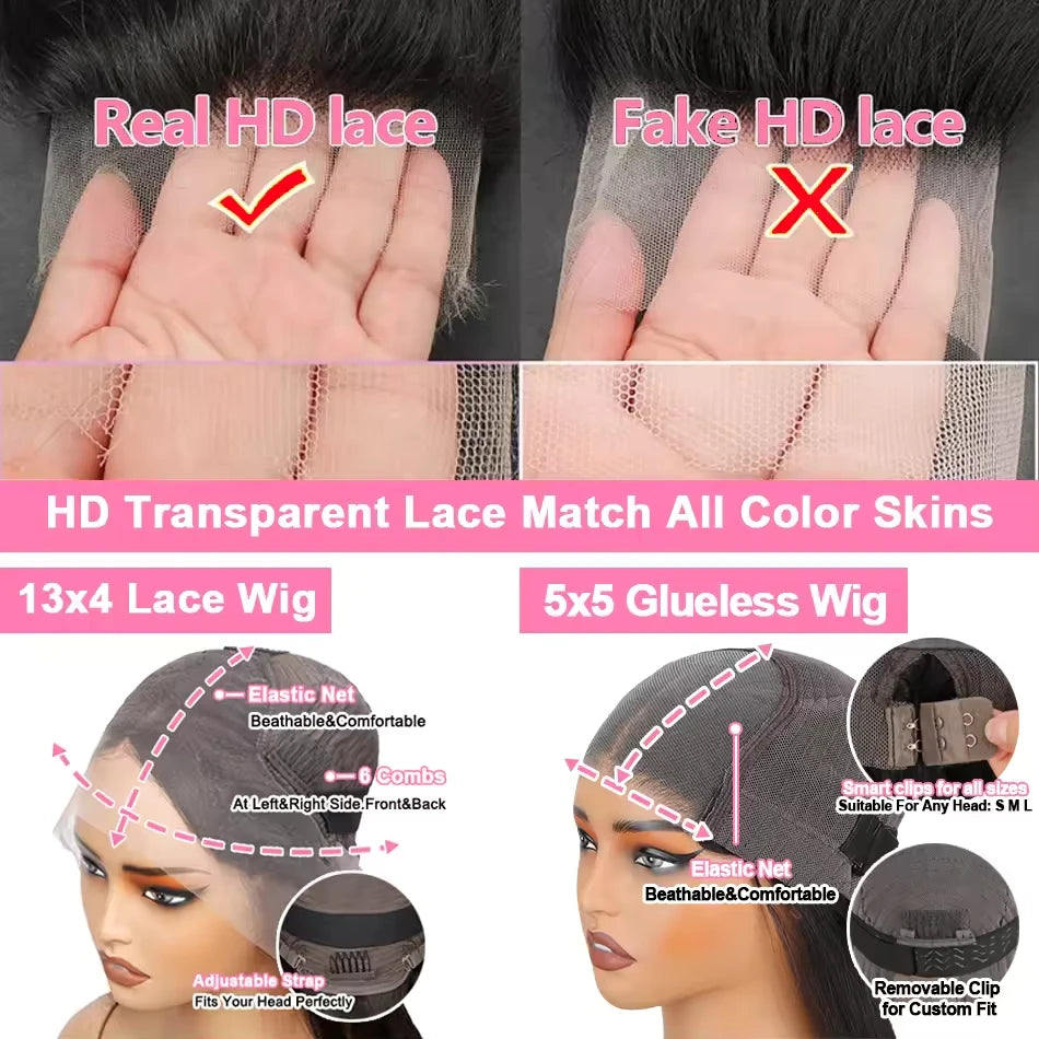 Bone Straight 13x4 and 5x5 Glueless Invisi-Drawstring Black l 360 Full Lace Wig