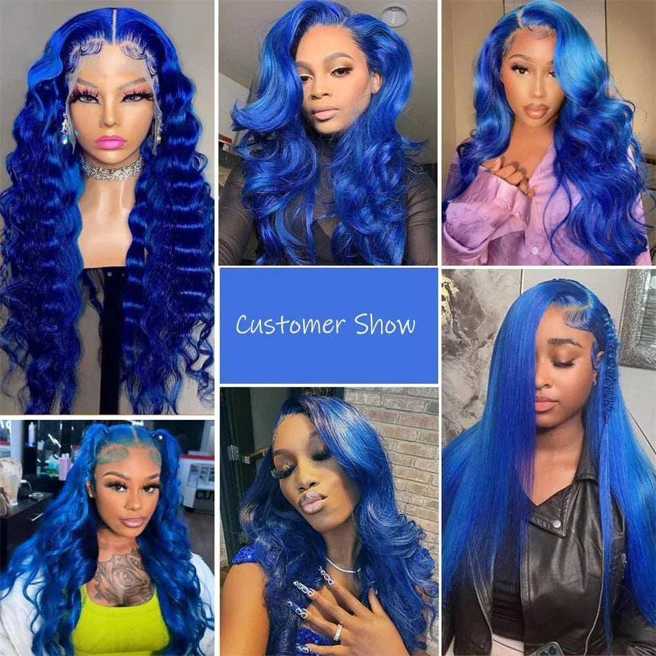 Dark Blue 13x4 HD Lace Front       Pre Plucked Blue Body Wave Transparent Lace