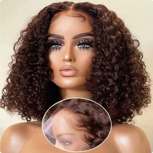 Kinky Curly Chocolate Brown Bob 13x4 Brazilian Hair Wig      Preplucked #4 Color