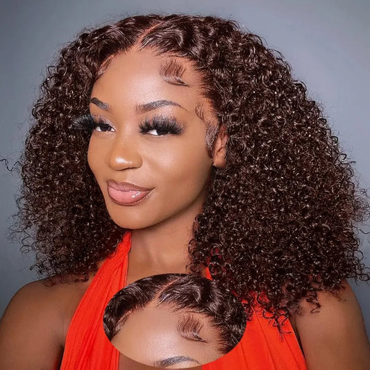 Kinky Curly Chocolate Brown Bob 13x4 Brazilian Hair Wig      Preplucked #4 Color
