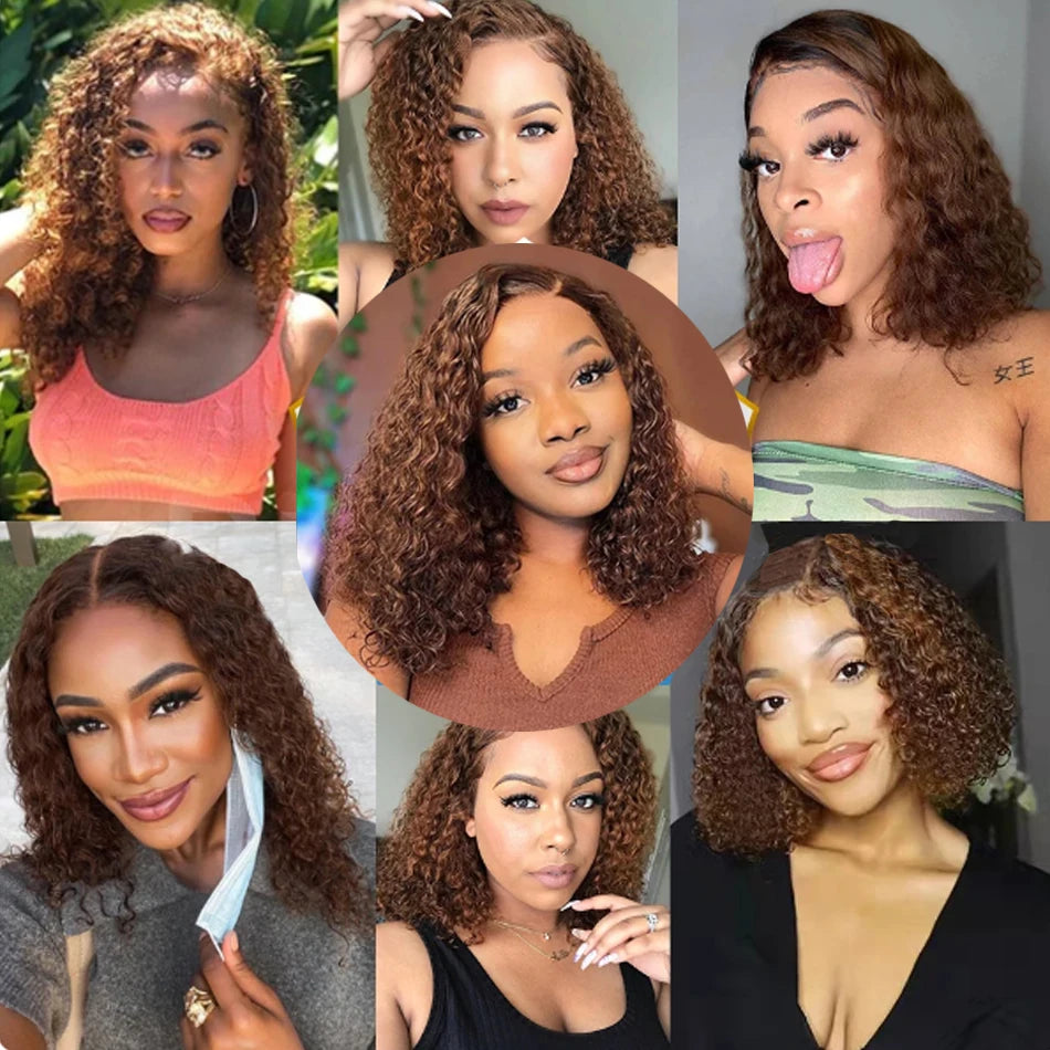 Kinky Curly Chocolate Brown Bob 13x4 Brazilian Hair Wig      Preplucked #4 Color