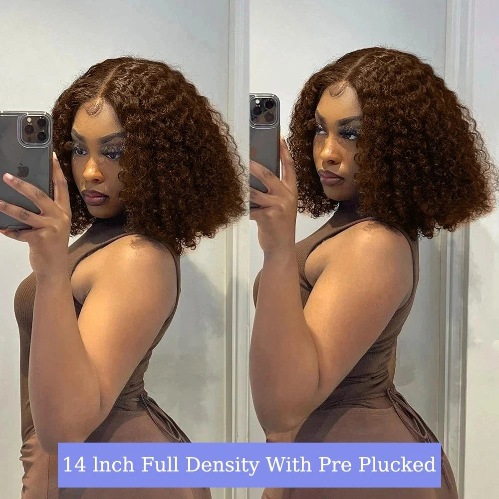 Brown bob Chocolate #4 Brown Curly Bob Wig for Women PrePlucked Kinky Deep Water Wave Bob Brazilian 13x4 Lace Frontal Human Hair Short Wig